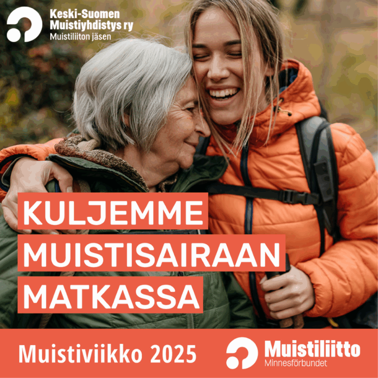 Nuori ja Vanha nainen ulkoilemassa. Kuvateksti "Kuljemme muistisairaan matkassa".